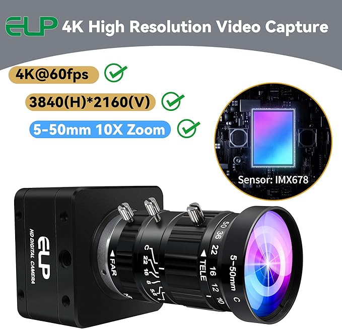 ELP High Speed 4K 60FPS USB Camera Manual Zoom Webcam for Computer, Mini UVC 2160P USB3.0/2.0 Lightburn Cameras for Windows, Linux, Mac, Pi, 5-50mm 10X Varifocal IMX678 Web Cam for Laptop Jetson Nano