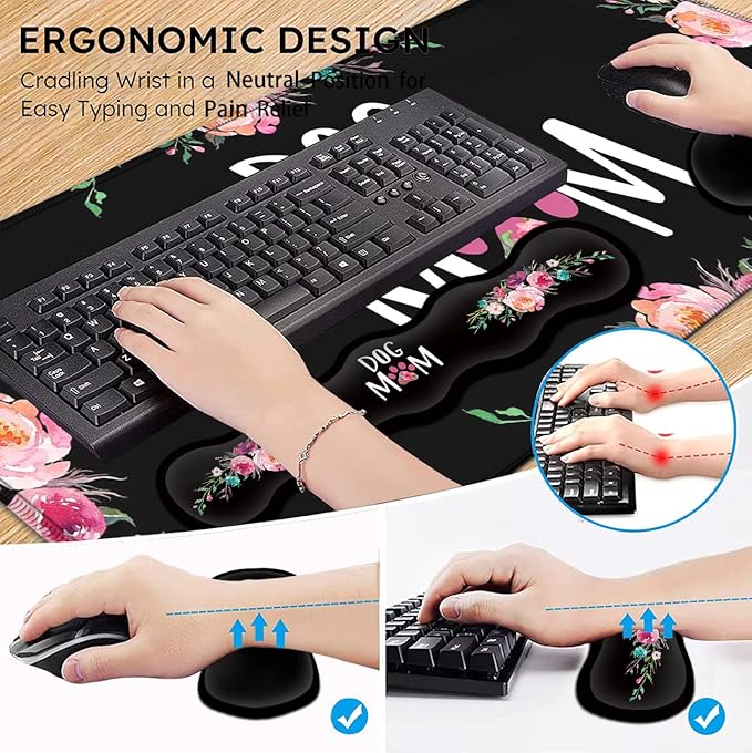 Gaming Mouse Pad, Large XXL Mouse Pad,Large Mouse Pad with Stitched Edge,Non-Slip Desk Pad Ergonomic Keyboard Wrist Rest Anime Mouse Pad Cute Dog Mom Floral Design Black Desk Mat for Computer Laptop
