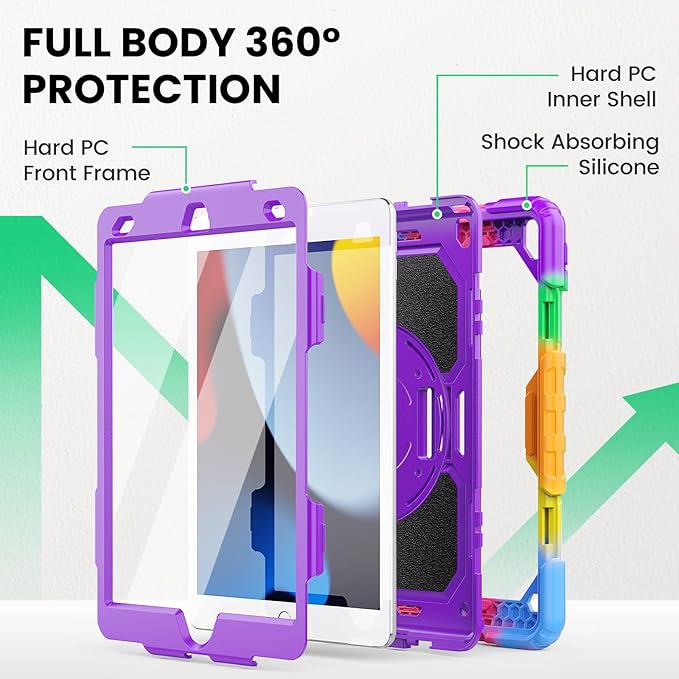 SEYMAC Kids Case for iPad 9th/8th/7th Generation 10.2 Inch with Screen Protector, Rotatable Hand Strap/Stand, Shoulder Strap, Shockproof Heavy Duty Protective Case for iPad 10.2, Colorful Purple