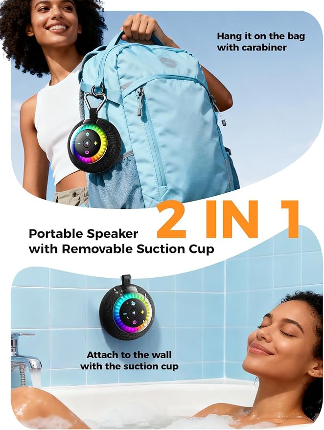 Shower Speaker Bluetooth Waterproof Portable: 360° Surround Sound, IPX7 Suction Cup Removable with Vacuum Exhaust Knob, RGB Lights, Beach/Pool/Camping/Kayak Essentials, Gifts for Mom Teens-Black