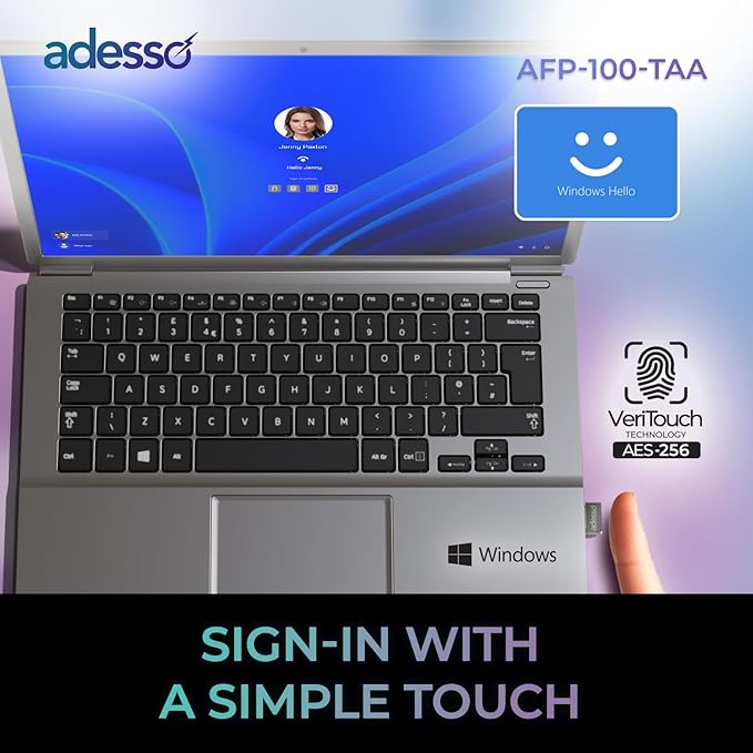 Adesso USB Fingerprint Reader Windows Hello Compatible Built-in Biometric Security AES256 Encryption Made in Taiwan TAA Compliant AFP-100-TAA
