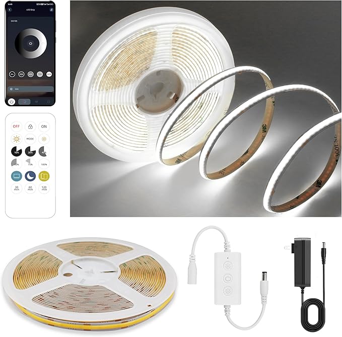 Pandery COB LED Strip Lights Cool White,24V Dimmable led Light Strip KIT with Remote and app Control,6000K 9.84FT/3m 8mmwide Ra>90 Cuttable Flexible Strip Lights for Bedroom,Wardrobe,Cabinet