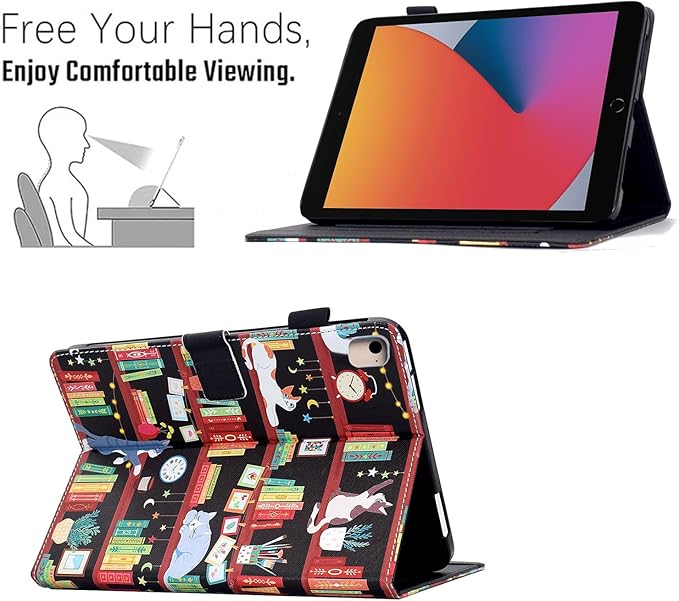 for iPad 9.7 inch Case iPad 6th/5th Generation Case 2018 2017, PU Leather Folio Stand Cute Cover for iPad 9.7 inch/iPad Pro 9.7/iPad Air 2/iPad Air 1, Auto Sleep/Wake, Bookshelf Cat