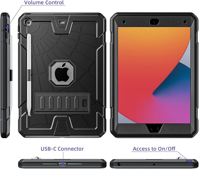 Sibeitu Case for iPad 9th Generation 10.2 Inch 2021 with Pencil Holder, Rugged Shockproof iPad 8th 7th Case 2020 2019 with Kickstand, Heavy Duty Protective Cover for Kids Boys Girls l Black