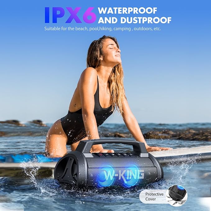 W-KING Portable Speakers Bluetooth Wireless, 120W Max Loudest Bluetooth Speaker, IPX6 Waterproof Outdoor Speaker with 70W Deep Bass/2*Subwoofer/DSP/EQ/42H/LED/MAC-in/TF/2 Pairing, Large Party Boombox