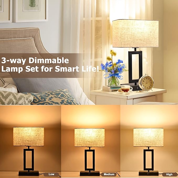 Lamps Set of 2 Touch Control Table Lamps with Dual USB, 3-Way Dimmable for Bedroom, Living Room, Office - LED Bulbs Included - Black & Cream