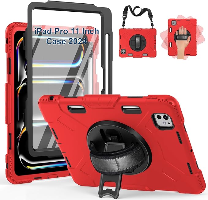 SUPFIVES 2025/2024 iPad Pro 11 Inch Case M5 (6th Generation), with Screen Protector/Shoulder Strap/Pencil Holder/Handle/Rotating Stand, Red