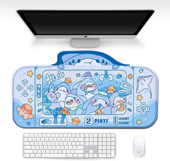 PERFECTSIGHT Cute Shark Party Desk Mat Kawaii Desk Pad, Switch Large Gaming Mouse Pad, Funny Crane Machine Deskmat Mousepad, Anime Blotter Protector Laptop Keyboard Pad for Women Kids Girls Boys