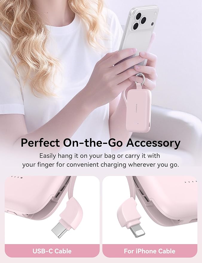 RORRY CharmGo Portable Charger, 10000mAh PD 30W Fast Charging Portable Charger Power Bank with Built-in Cables, Travel Keychain Charger Battery Pack for iPhone 17/16/15, for AirPods 2/3/4/Pro, Pink