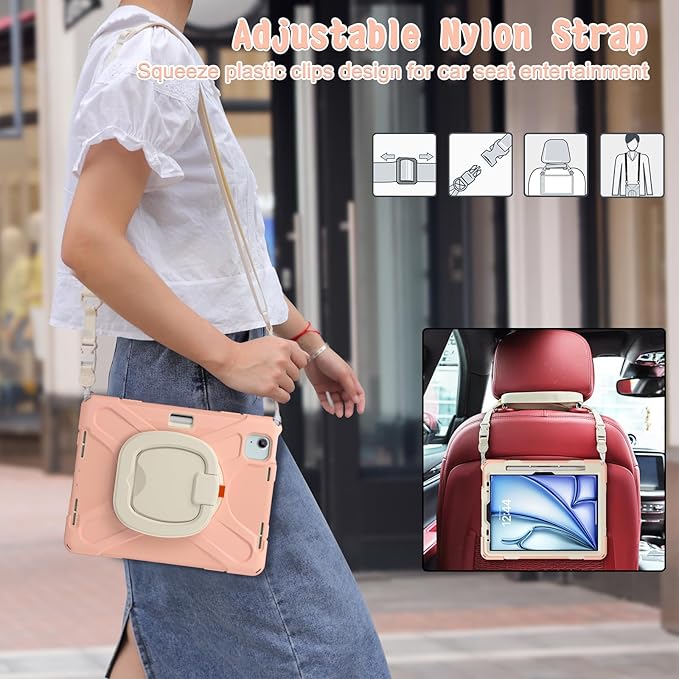 TSQQST Case for iPad Air 11 Inch M4 2026/M3 2025/M2 2024, Cover for iPad Air 5th 4th Generation 10.9"/Pro 11 4th/3rd/2nd/1st Heavy Duty Shockproof Case w/Screen Protector+Handle Grip+Strap, Gold