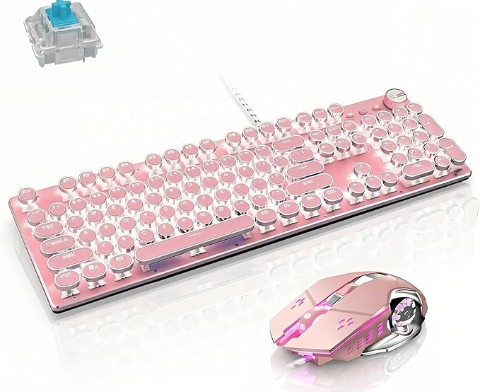 Basaltech Mechanical Gaming Keyboard and Mouse Combo, Retro Steampunk Vintage Typewriter-Style Keyboard with LED Backlit, 104-Key Anti-Ghosting Blue Switch Wired USB Metal Panel Round Keycaps, Pink