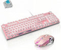 Basaltech Mechanical Gaming Keyboard and Mouse Combo, Retro Steampunk Vintage Typewriter-Style Keyboard with LED Backlit, 104-Key Anti-Ghosting Blue Switch Wired USB Metal Panel Round Keycaps, Pink