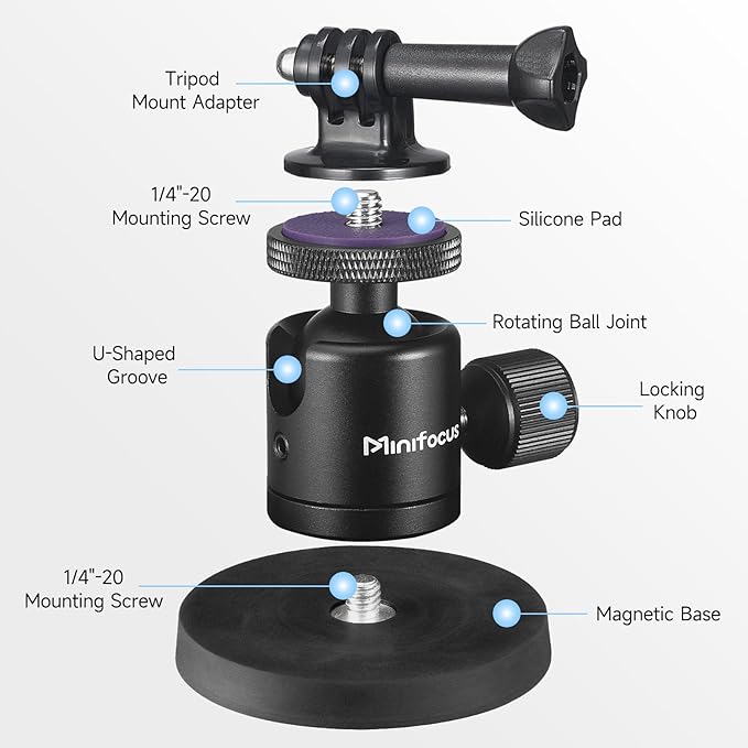 Magnetic Camera Mount for Action Camera, Super Strong Rubber Magnet with 360° Rotation Ball Head, 1/4"-20 Male Thread Screw, Magnet Camera Stand for GoPro, Insta 360, DJI Osmo Action Nano