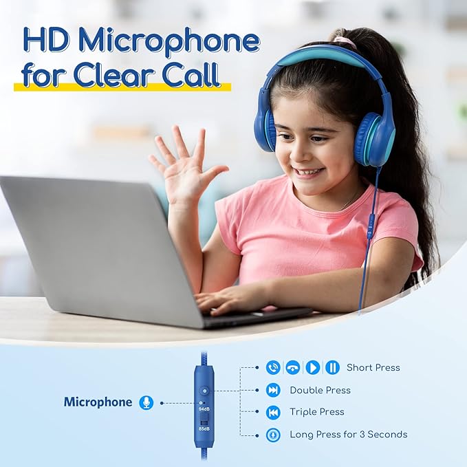 EarFun Kids Headphones Wired with Microphone, 85/94dB Volume Limit Headphones for Kids, Portable Wired Headphone with Shareport, Stereo Sound Foldable Headset for School/Tablet/iPad/Kindle Blue Green
