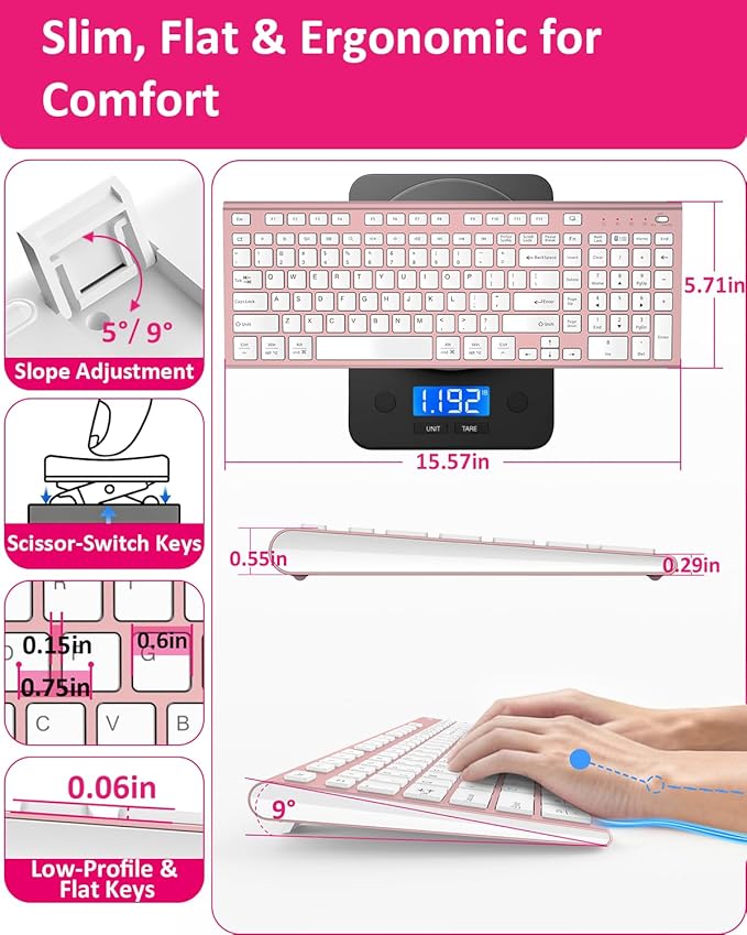 FENIFOX Wireless Silent Keyboard, Ultra Quiet USB C Low Profile Compact Full Size with Number Pad Flat Slim Thin Soft Touch for Mac Computer MacBook iMac PC Laptop Desktop Office (Pink Rose Gold)