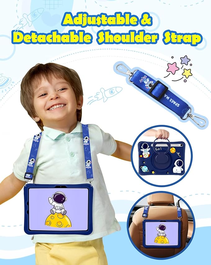 Wazzasoft for Samsung Galaxy Tab S10 FE/S9 FE Case - Tab S9 Case Boys Cute Astronaut Cover Kawaii 3D Spacemen with Rotating Handle Stand + Strap Soft Silicone Cover Funda para Tab S10 Fe 10.9 Inch