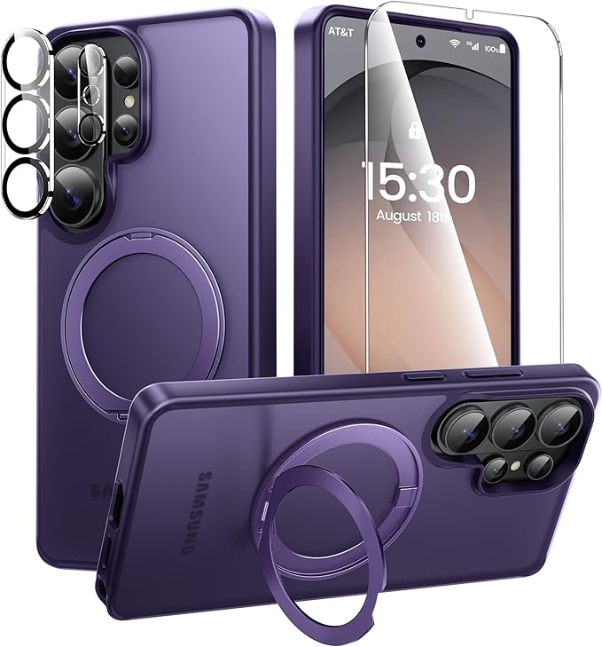 360°Ring Stand for Samsung Galaxy S26 Ultra Case with 1X Screen Protector +1X Camera Cover,Fit for MagSafe, Translucent Matte Cover & Scratch-Resistant Back Cover for Galaxy S26 Ultra 6.9", Purple