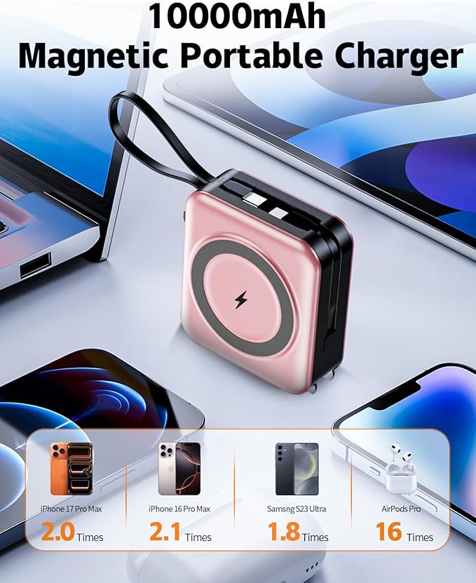 for Magsafe Portable Charger with Built-in Cables and AC Wall Plug, 10000mAh Magnetic Wireless Power Bank 22.5W Type-C in & Out Fast Charging Battery Pack for iPhone 17/16/15/14/13/12 Series, Pink