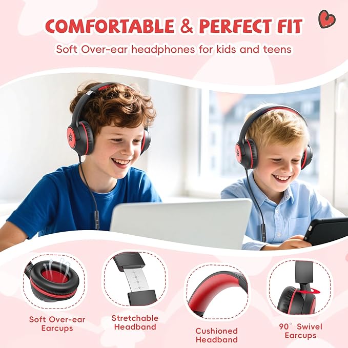 Kids Headphones Wired for School, 85/94dB Volume Limit, Wired Over Ear Headphones for Kids Boys Girls with Microphone, Stereo Sound 3.5mm Cord for Kindle Tablet Airplane Travel, Black Red