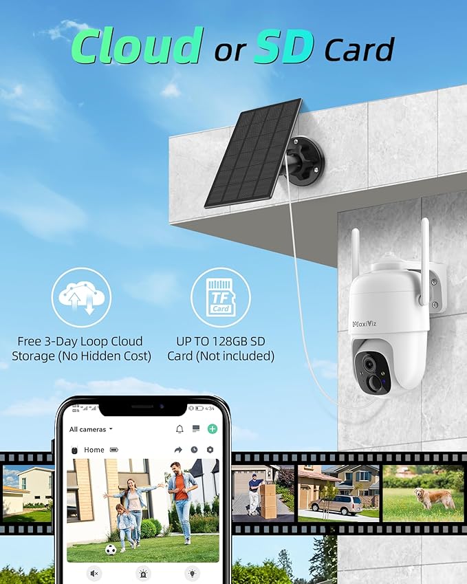 MaxiViz 2K Solar Camera Security Outdoor, 100% Wire-Free Security Cameras Wireless Outdoor with Solar Panel, 360° Panoramic View, Color Night Vision, AI Motion Detection, IP66 Weatherproof, 2 Pack