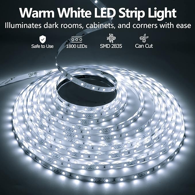 LED Strip Lights 100ft Dimmable 6000K Bright White Strip Lighting, 30M 1800 LEDs 2835 Flexible Ribbon Light, 12V LEDs Tape LED Lights for Bedroom,Kitchen, Home Decoration