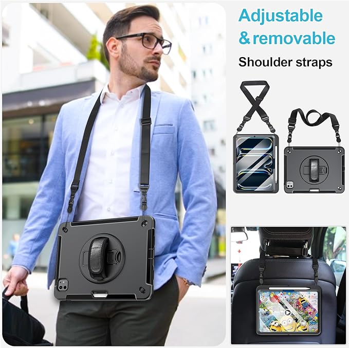 Case for iPad Pro 11 M5 2025/ M4 2024: Protective Cover for iPad Pro 11 Inch 5th Generation with Screen Protector- Stand- Handle- Shoulder Strap- Pencil Holder- Black