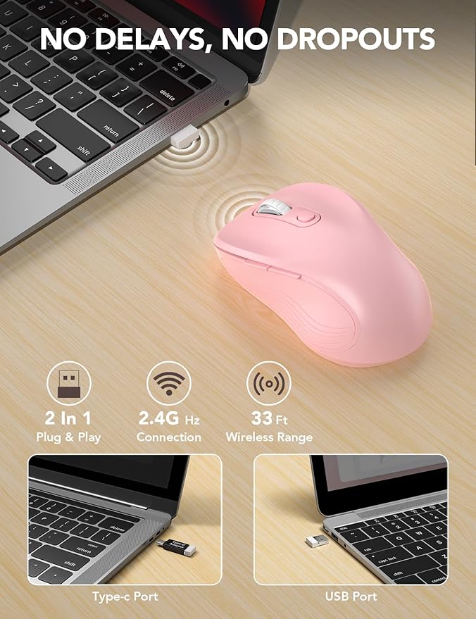Trueque Wireless Mouse for Laptop, 2.4GHz Ergonomic Computer Mouse with Back & Forward Buttons, 3 Adjustable DPI Levels, 6 Buttons, Optical USB Cordless Mice for Windows MacBook PC, M01 (Baby Pink)