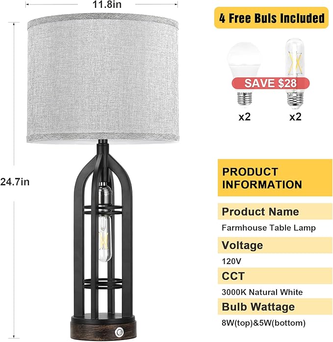 Seealle Table Lamp for Living Room Set of 2 - Bedside Lamp for Bedroom with USB C+A & Outlet, Farmhouse Lamps for Night Stands, 3-Way Dimmable Touch Lamps for Living Room with Grey Shade