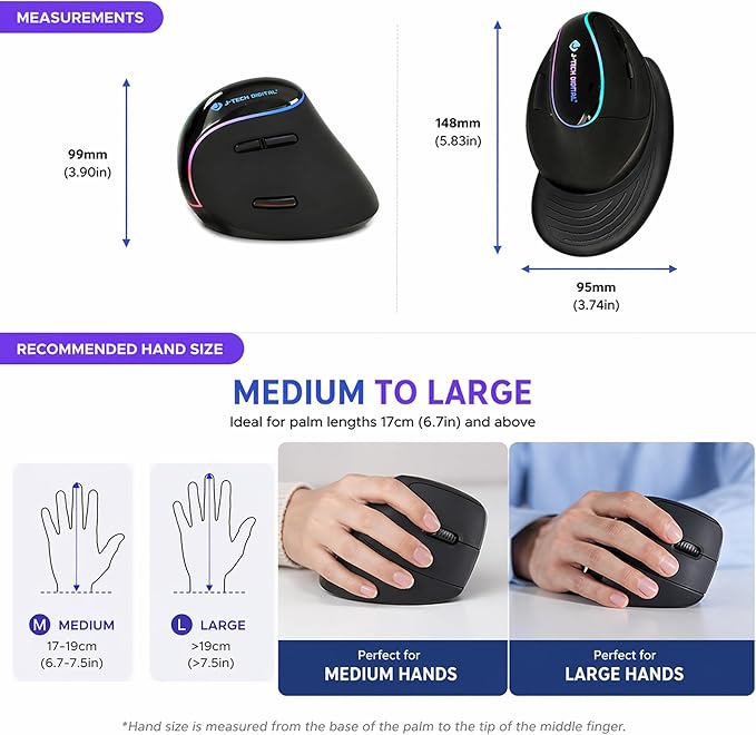 J-Tech Digital Ergonomic Mouse with Wireless Connection, Removable Palm Rest, Thumb Buttons, Rechargeable Battery, 800 DPI, Compatible with Windows and MAC OS