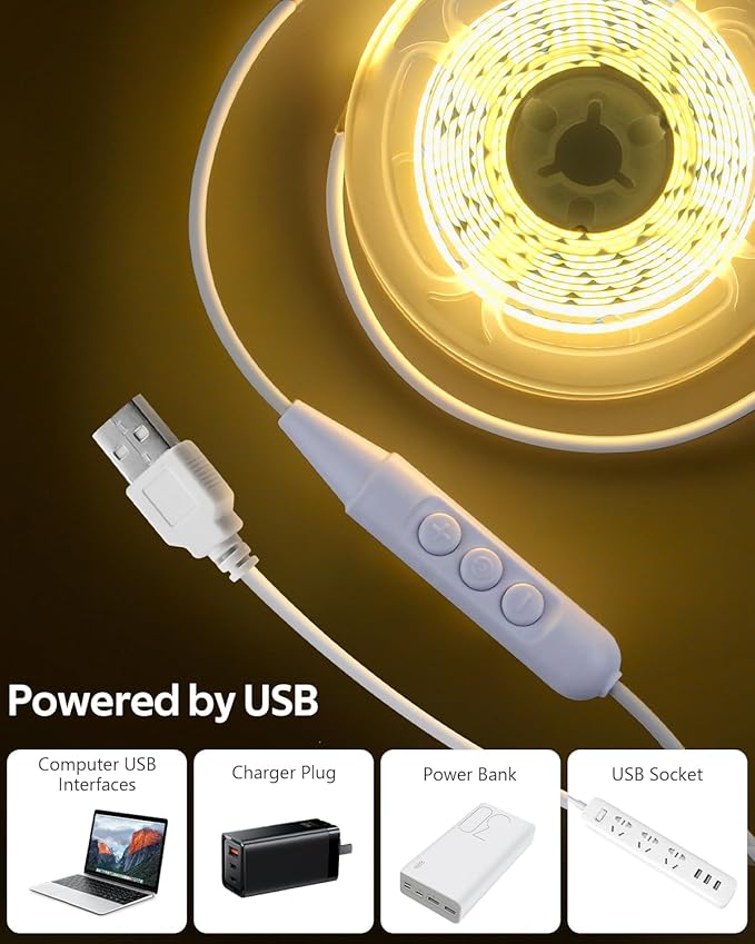 Aclorol COB LED Strip Lights USB Powered 6.56FT 640Leds Warm White 3000K TV LED Backlight 5V Dimmable COB Flexible Light with 1.5M USB Cable for Monitor Dispalay Stairs Bedroom DIY Projects CRI85+