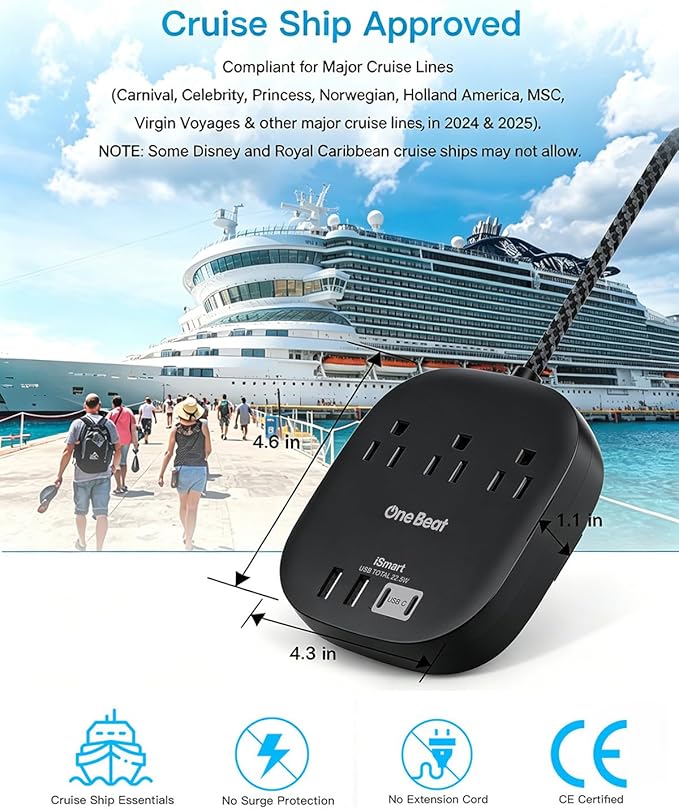 Cruise Ship Travel Essentials, 22.5W/4.5A Flat Plug Power Strip, Flat Extension Cord 3Ft, 3 Outlets 4 USB Ports (2 USB C) Cruise Approved Power Strip No Surge Protection, USB Charging Station, Black