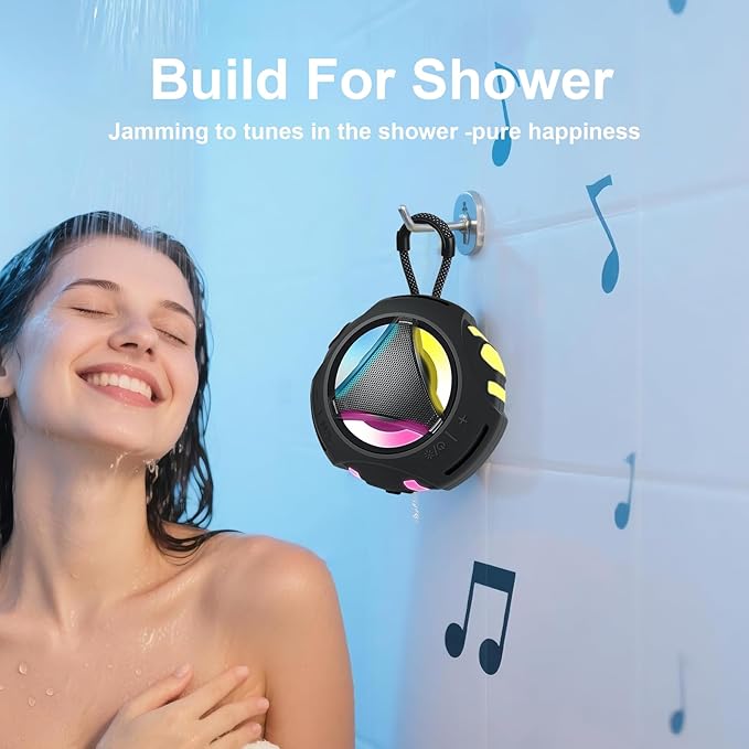 Bluetooth Shower Speaker Waterproof, Portable Bluetooth Speakers Wireless, Outdoor, Floating IPX7, Built-in Mic, 24H Playtime with LED Lights, Loud HD Sound, Powerful Bass, Gifts for Unisex - Black