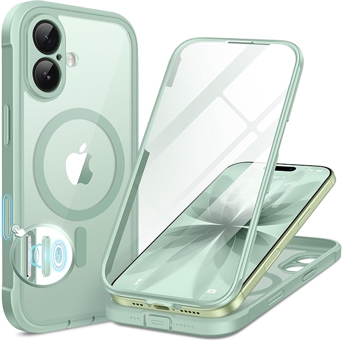 BERFY for iPhone 17 Case, Compatible with MagSafe, Built-in Glass Screen Protector, Camera Protection, Shockproof Full Body Phone case 6.3", Clear Green