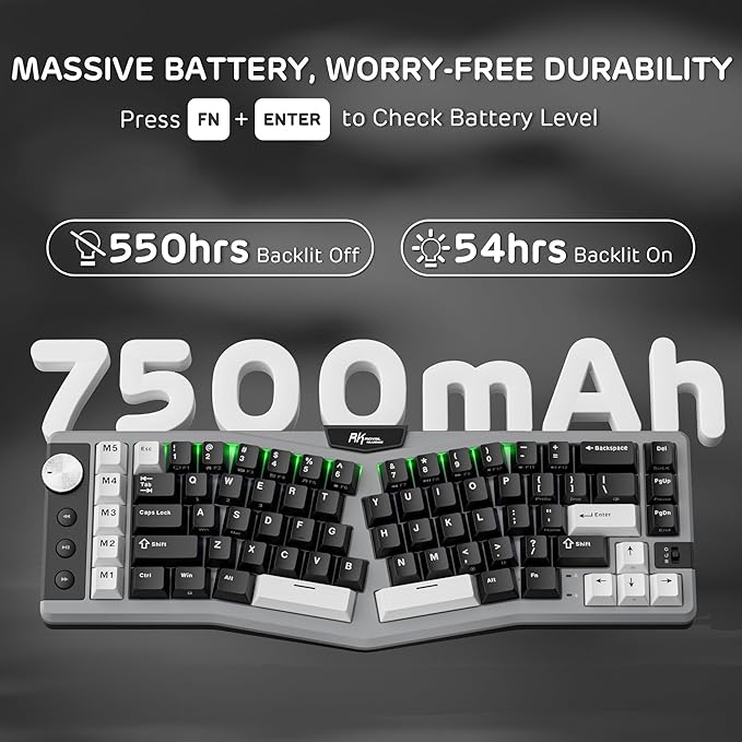RK ROYAL KLUDGE A72 Alice Ergonomic Wireless Mechanical Keyboard w/Knob/Macro Keys/Touchable Nameplate, Tri-Mode 68% 72-Key Gasket Keyboard BT/2.4G/USB-C, Hot Swap, Win/Mac Software, 7500mAh Battery