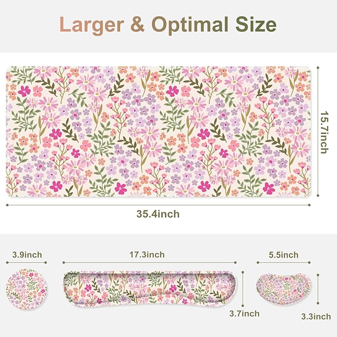 Large Gaming Mouse Pad Set, Ergonomics Keyboard Desk Mat with Memory Foam Wrist Rest, Computer PC Extended Game Mousepad, Non-Slip Desk Matt Easy Typing Pain Relief I Artistic Colroful Flowers