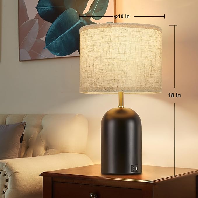 GyroVu Bedside Lamps with USB C+A Charging Ports, Table Lamp Touch Control Dimmable Modern Lamp for Bedroom Lamps for Night Stands with Fabric Shade for Living Room Office Dorm (LED Bulbs Included)