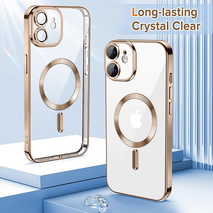 Hython Magnetic Clear for iPhone 12 Case with Camera Lens Protector [Compatible with MagSafe] Luxury Plating Edge Slim Soft TPU Cover Protective Phone Case for iPhone 12 6.1", Desert Brown