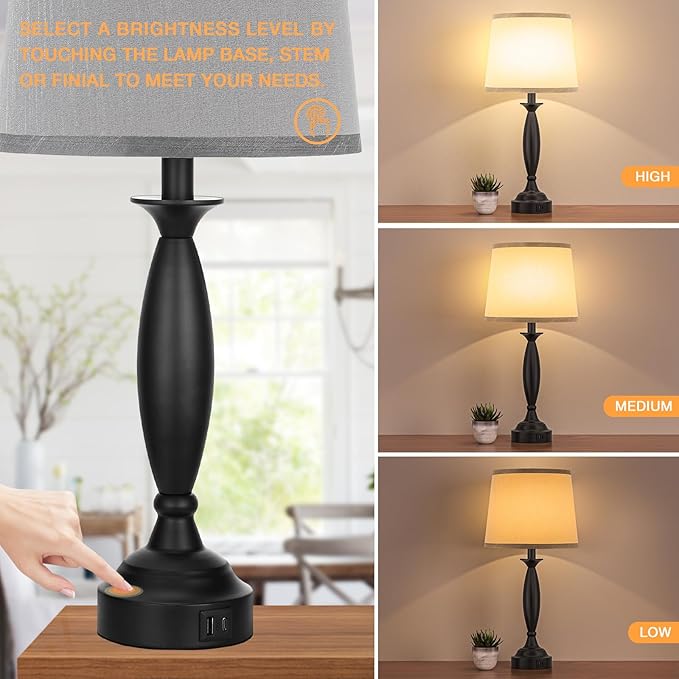 Seealle Grey Lamps for Bedrooms Set of 2 - Touch Control Bedside Lamp with USB C+A, 3 Way Dimmable Nightstand Lamps with USB Port, Table Lamp for Living Room(Grey Shade and Black Base)