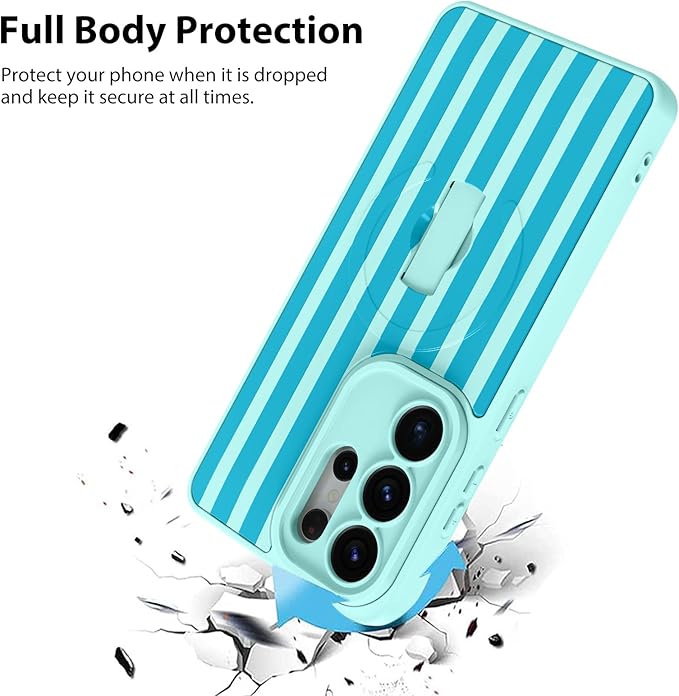 KANGHAR Compatible with Samsung Galaxy S26 Ultra Case, Support for MagSafe, Silicone Stripes Cute Pattern, Wristband Kickstand Camera Protection Soft Slim Cover for Girls Women -Blue