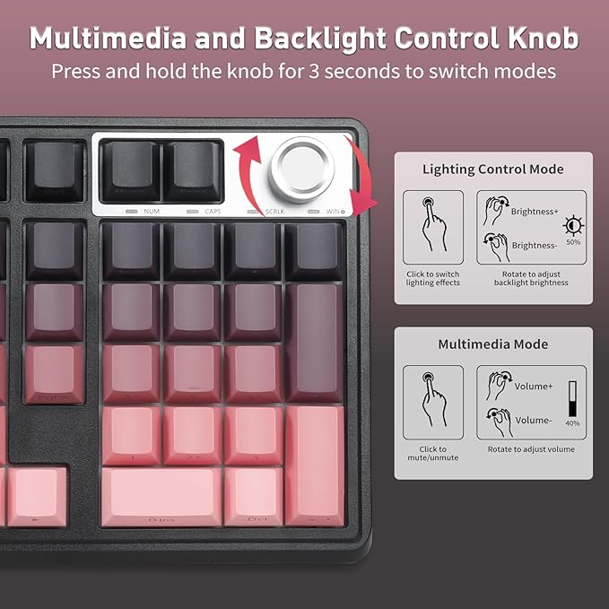 HUO JI Wireless Mechanical Gaming Keyboard with Knob, Bluetooth 5.0/2.4GHz/USB-C Wired, Hot Swappable Red Switches, Anti-Ghosting, Led Backlit, 96% Computer Keyboard for PC Gamer, Pink
