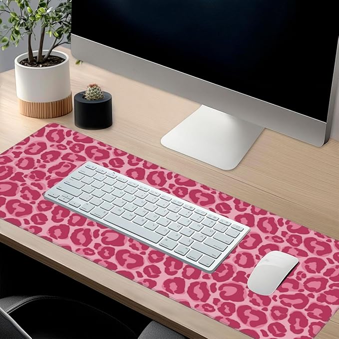 Pink Leopard Print Mouse Pads XXL Extended Mousepad with Stitched Edges Non-Slip Rubber Base Computer Keyboard Pad Desk Mat for Home Office Desk Decor, 35.4" X 15.7"