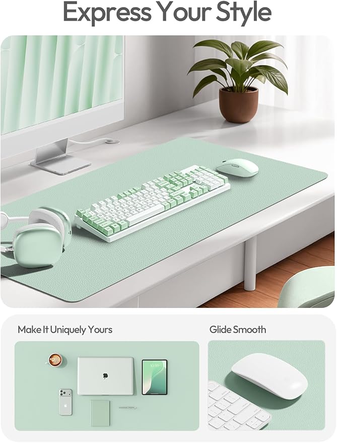 YSAGi Leather Desk Protector, Office Mat, Large Mouse Mat, Non-Slip PU Leather Blotter, Laptop Desk Pad, Waterproof Writing Pad for Office and Home (Pale Green, 47" x 17")