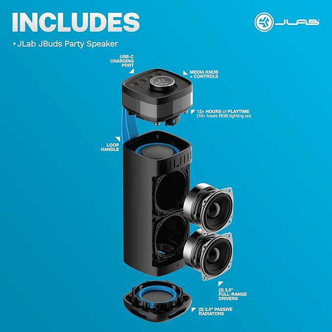 JLab, JBuds Party, Portable Bluetooth Speaker, IP56 Waterproof, Multi-Speaker Connect, RGB Lighting, Black