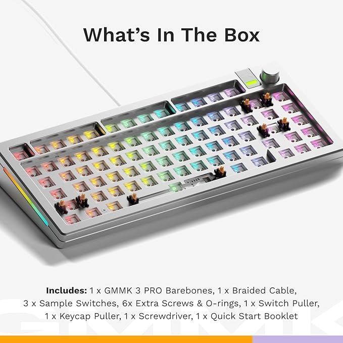 Glorious Gaming - GMMK 3 PRO Barebones Custom Keyboard Kit w/Knob, Custom Modular Aluminum Body & Gasket System, Hotswappable 75% Keyboard, Sound Dampening Foam, Aluminum Switch Plate(Silver)