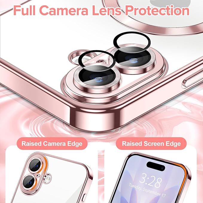 Hython Magnetic Clear for iPhone 17 Case with Camera Lens Protector [Compatible with MagSafe] Luxury Plating Edge Slim Soft TPU Cover Protective Phone Case for iPhone 17 6.3", Pink