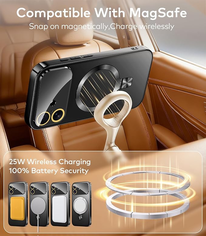 TOBOVON Magnetic for iPhone 17 Case with Ring Stand, Fits MagSafe, with Built-in Camera Lens Protector, Slim Electroplated Shockproof Phone Cover, Black