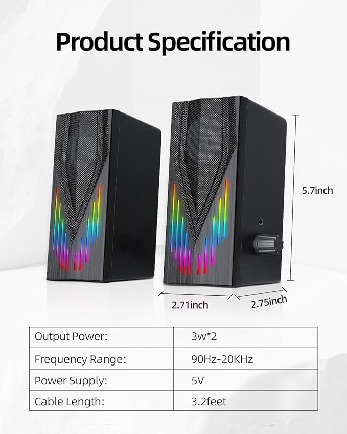 Uakinat Computer Speakers with 6 Colorful RGB Lights,USB Powered 3.5mm Aux with Loud Stereo Sound,Headphone-in for Desktop,PC/Laptop/Tablet Phone