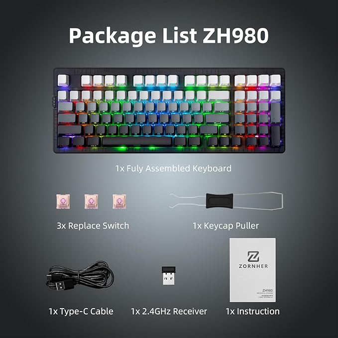 ZORNHER ZH980 Mechanical Keyboard Wireless,95% Black & White Creamy Keyboard with Number Pad,Gaming Keyboard with Number Pad,Lighted Up PBT Keycaps,Creamy Sounding Linear Switches,Full Size
