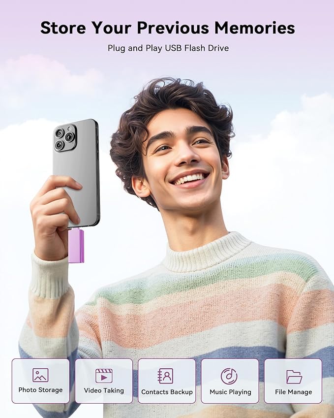 MFi Certified 256GB Flash Drive for iPhone, 3 in 1 Type-C USB Memory Stick Thumb Drive for Photos Videos, High Speed External Memory Storage Photo Stick for iPhone iPad Android PC (Purple)