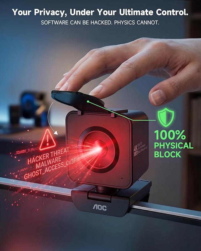 AOC 4K Webcam for PC with 1/2.55'' Sensor, 1080P 60FPS Streaming Camera with PDAF Autofocus, Privacy Cover, Plug & Play computer camera 75° FOV for Zoom/Mac/Switch 2, Includes Tripod & USB A-C Adapter